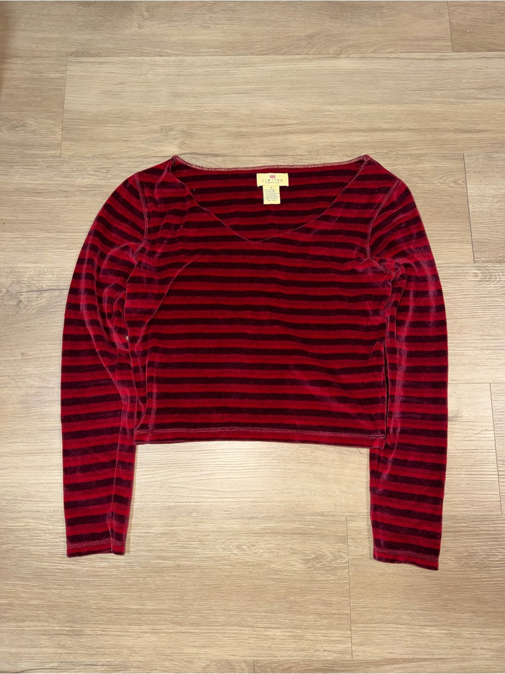 The Limited Red and Black Striped Velvet Long Sleeve Crop Top